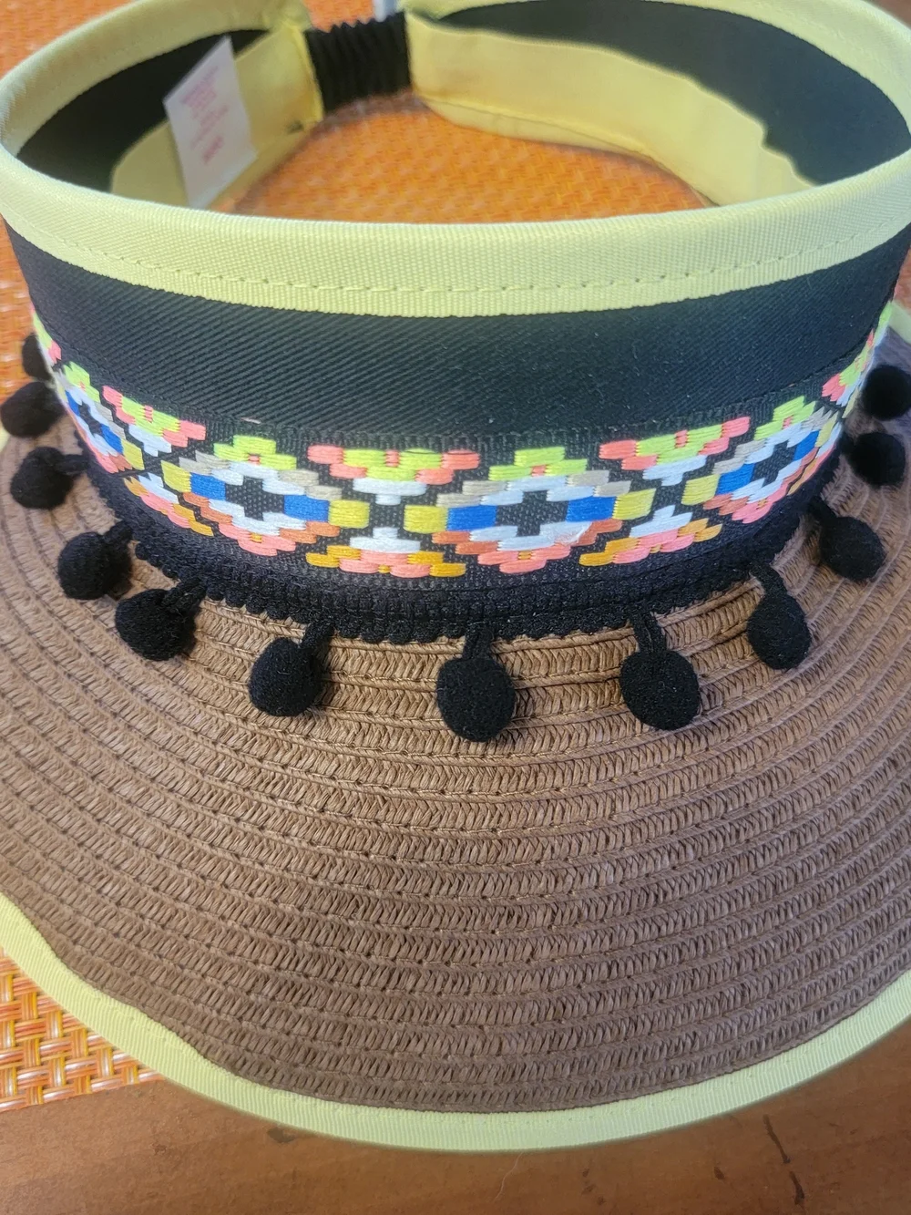 Embroidered Black & Brown Pom-Pom Visor with Neon Accents